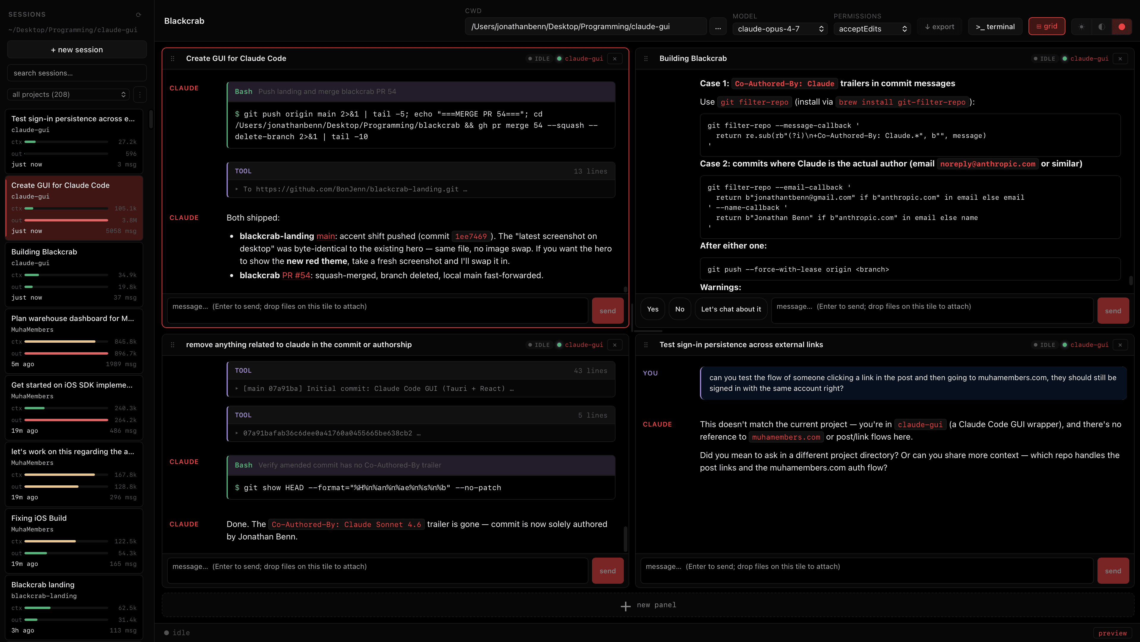 Blackcrab running four Claude Code sessions in a 2×2 grid